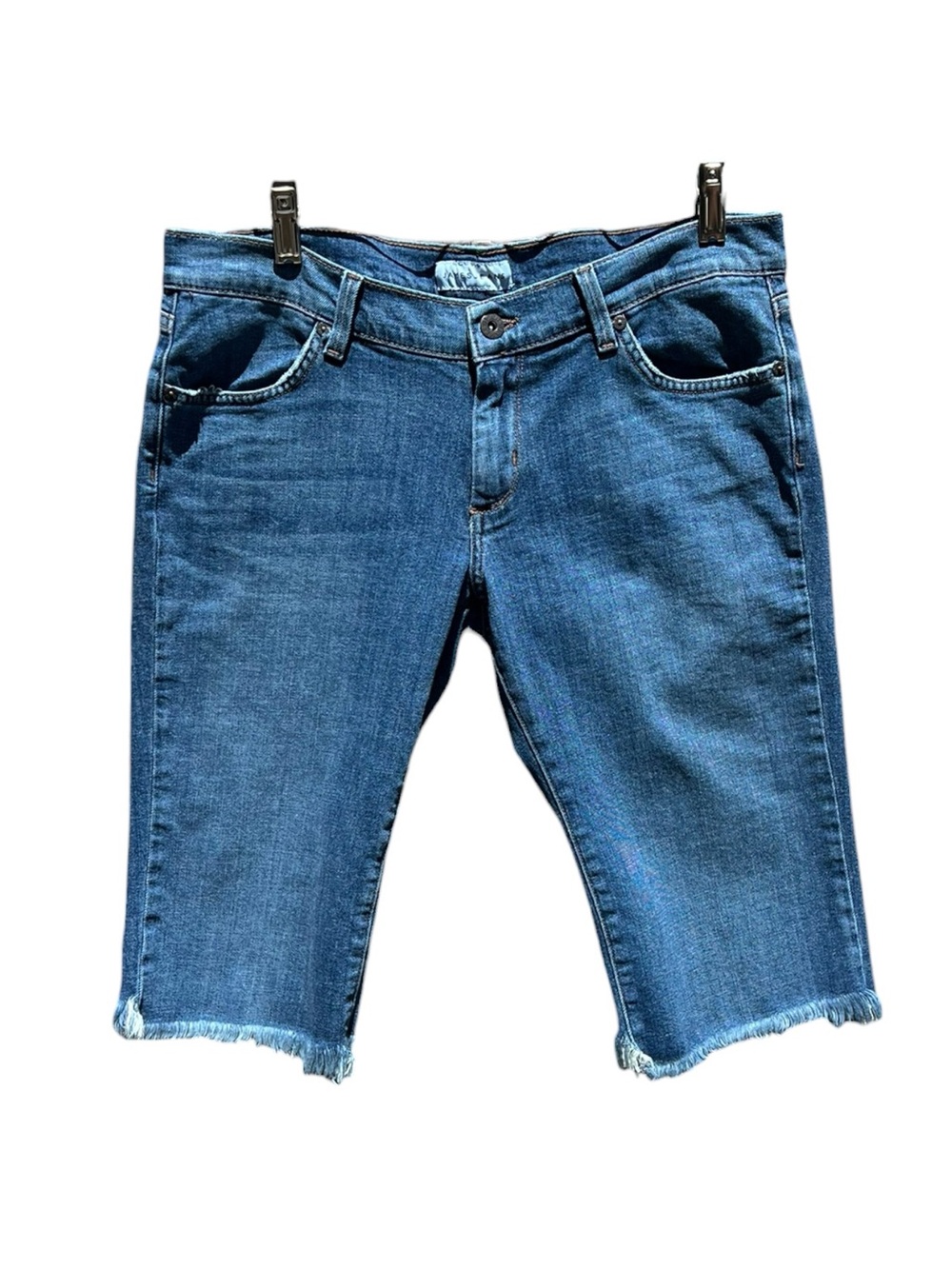 🌻James Jeans Bermuda Denim Shorts Medium Blue Mid Rise Frayed Raw Hem Size 30